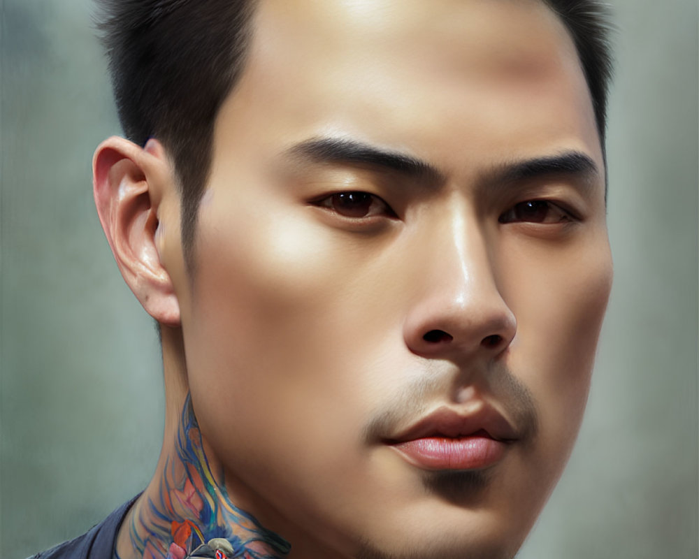 Colorful neck tattoo on man with styled hair in digital portrait