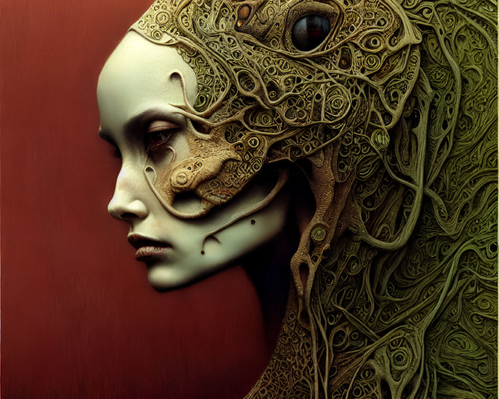 Digital Artwork: Woman with Half Face as Mechanical Gears and Patterns