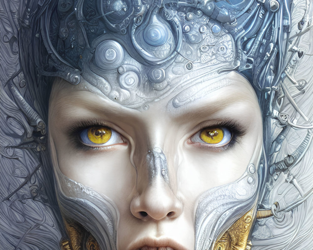 Digital artwork: Woman with yellow eyes in intricate silver and gold mechanical headdress.