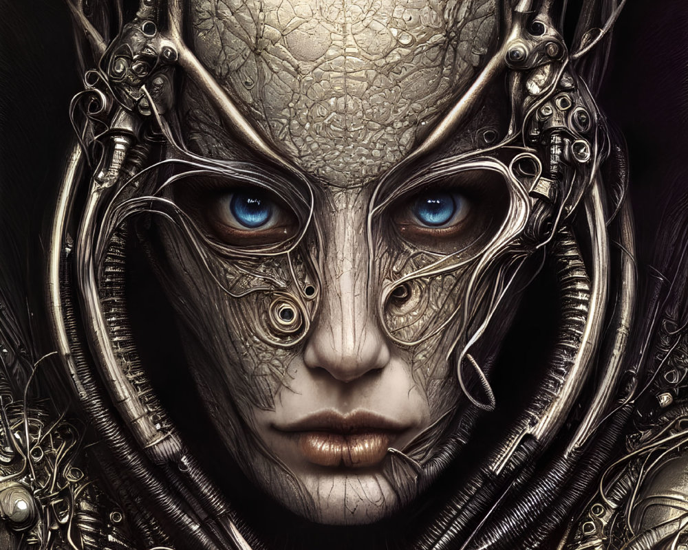 Close-up of person with vivid blue eyes, mechanical elements, textured skin, and metallic adornments