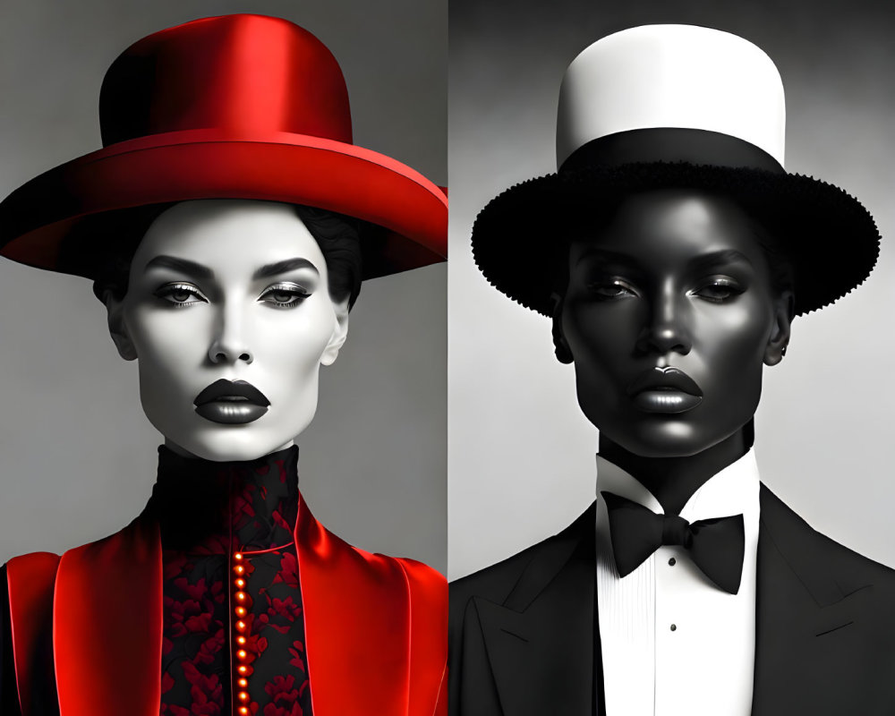 Stylized portraits: person in red outfit and hat next to black and white with top hat