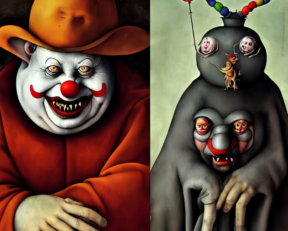 Vibrant surreal artwork: two clowns with exaggerated features