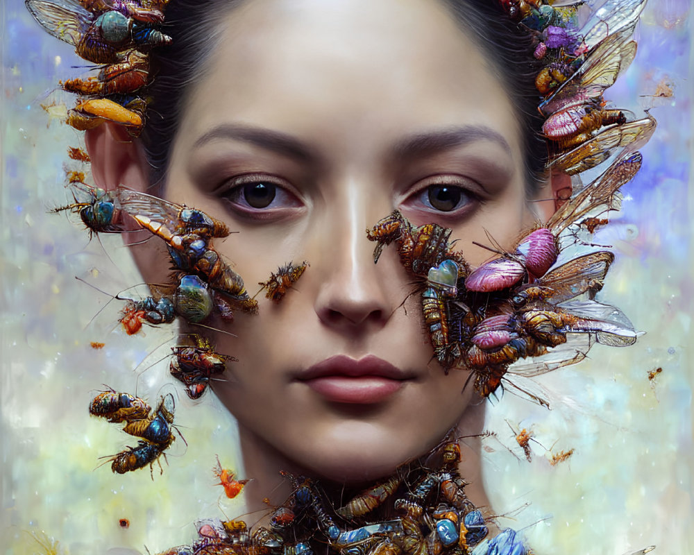 Colorful insects swarm around woman's face in surreal image