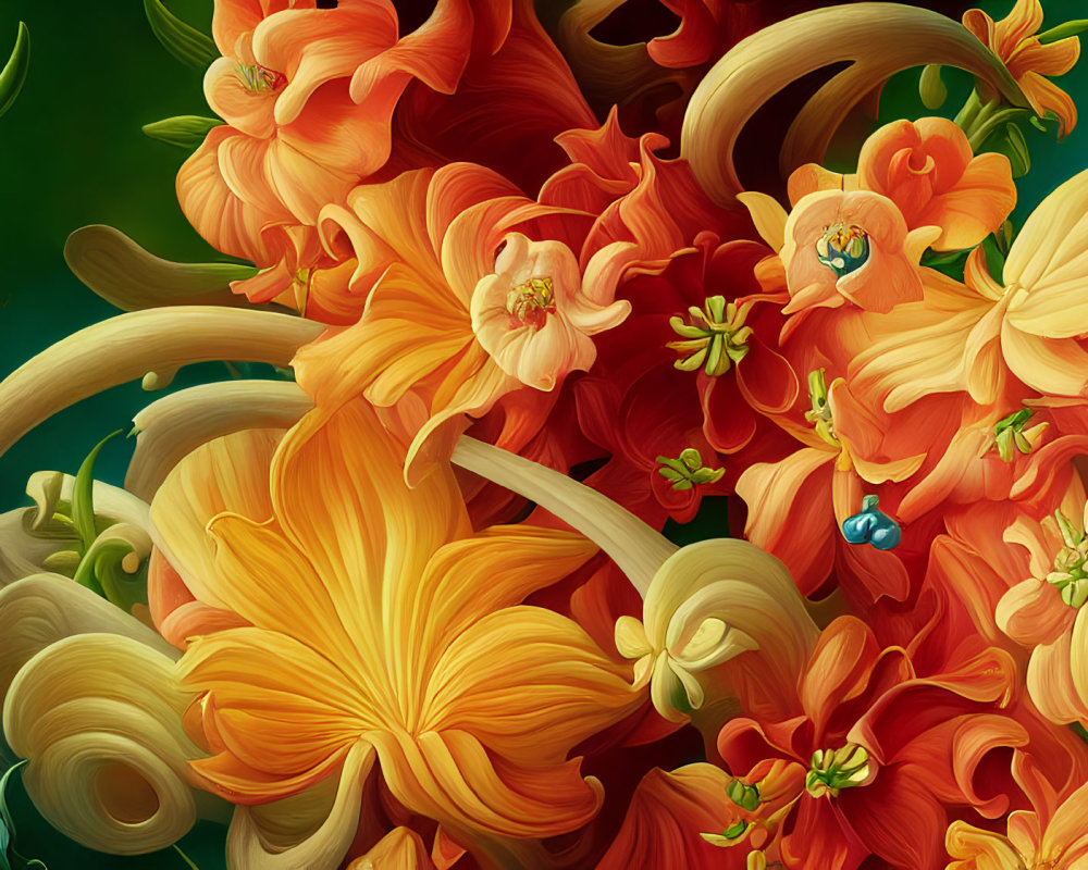 Colorful digital artwork: Orange flowers on green background