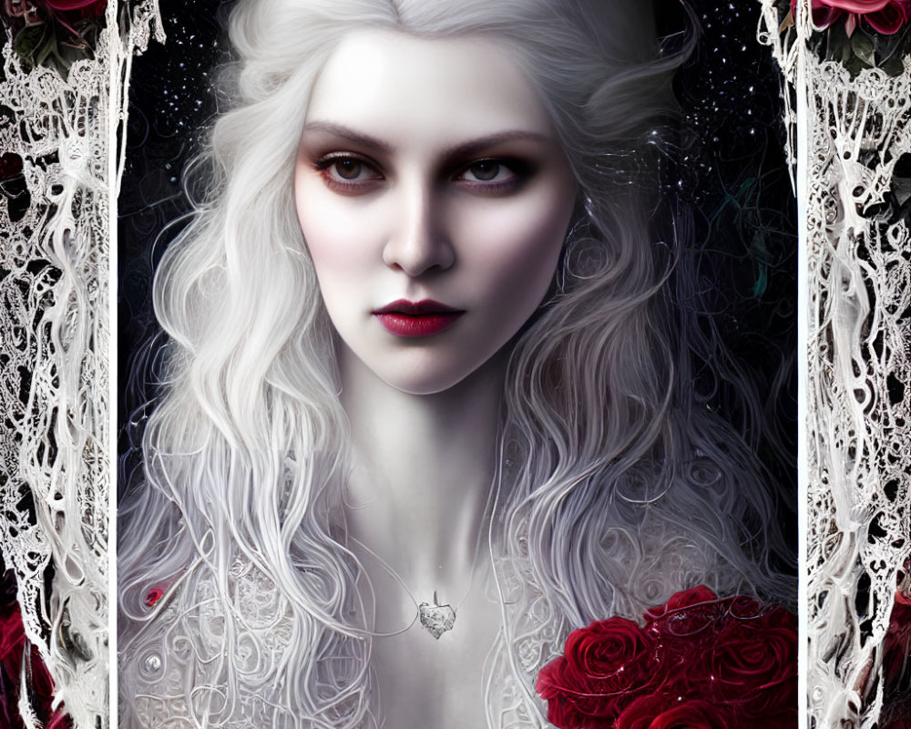 Pale woman with white hair and red lips surrounded by dark roses and lace.