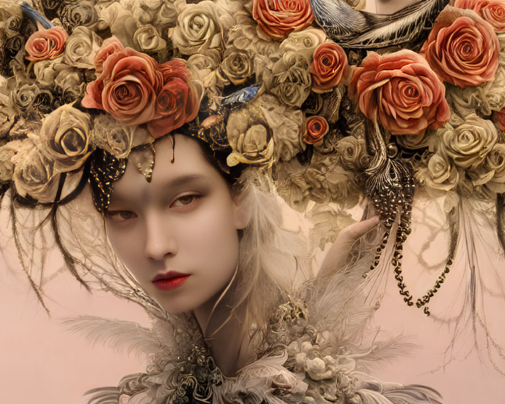 Ethereal figure with pale skin and dark lips adorned with lavish headdress of roses, branches,