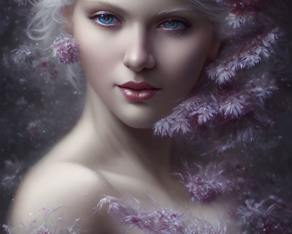 Digital painting: Pale-skinned person with blue eyes, surrounded by pink and white flowers.