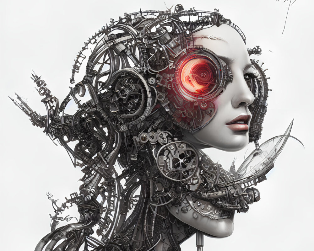 Female cyborg with intricate mechanical parts and red cybernetic eye