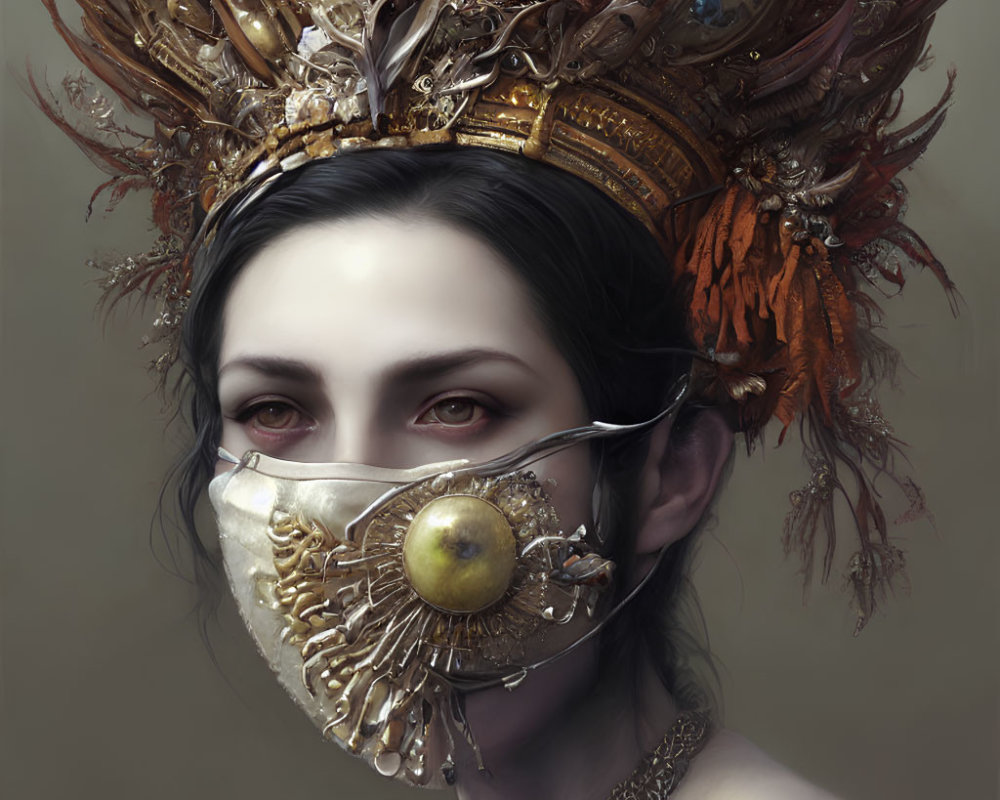 Ornate headpiece and gold mask with yellow eye detail