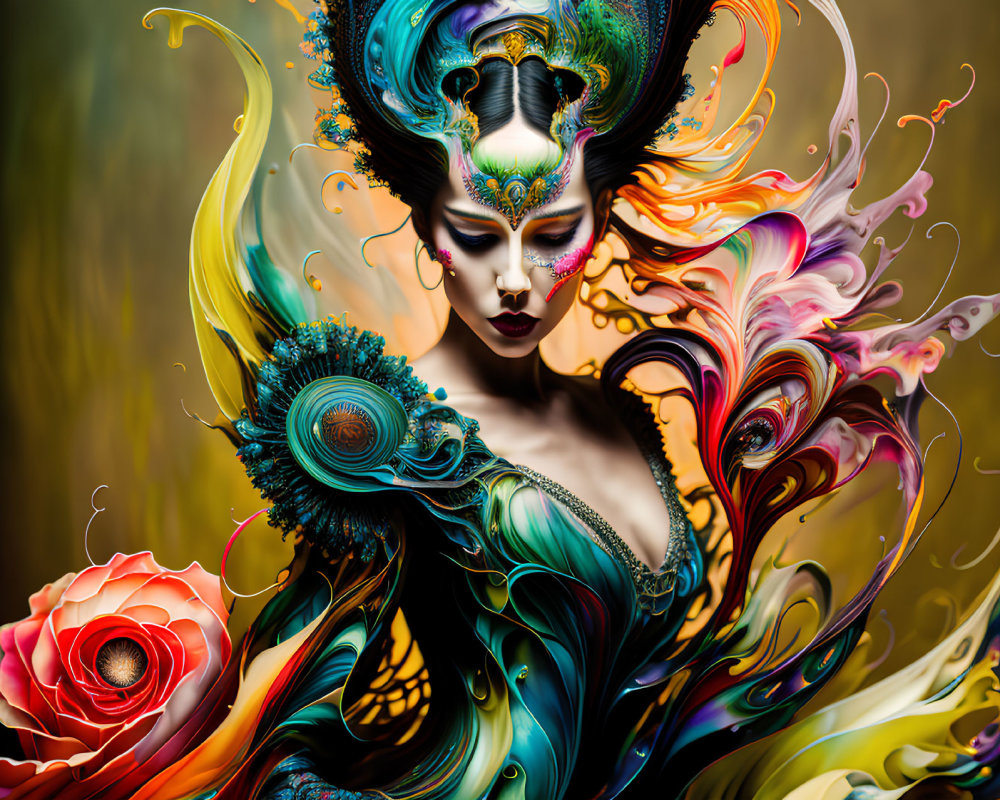 Colorful digital artwork of woman with swirling designs and peacock feathers.