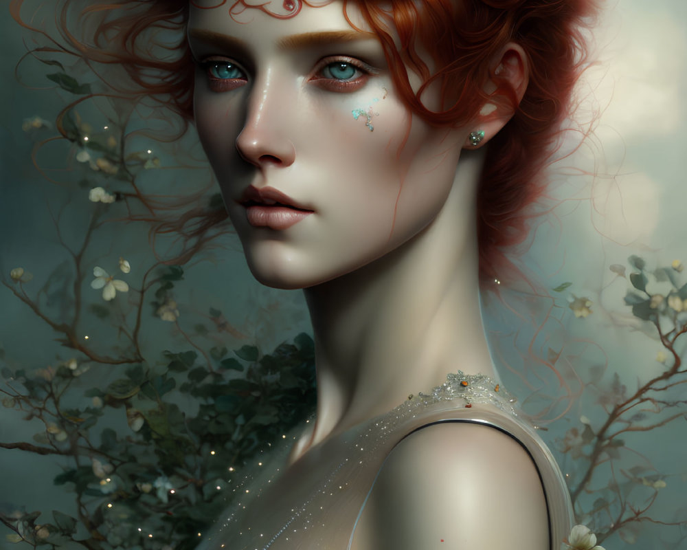 Striking Red Hair Woman Portrait with Flowers and Sparkles