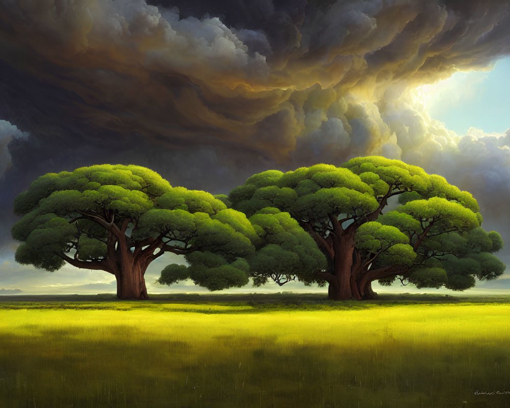 Majestic trees with lush canopies in sunlit field under dramatic sky