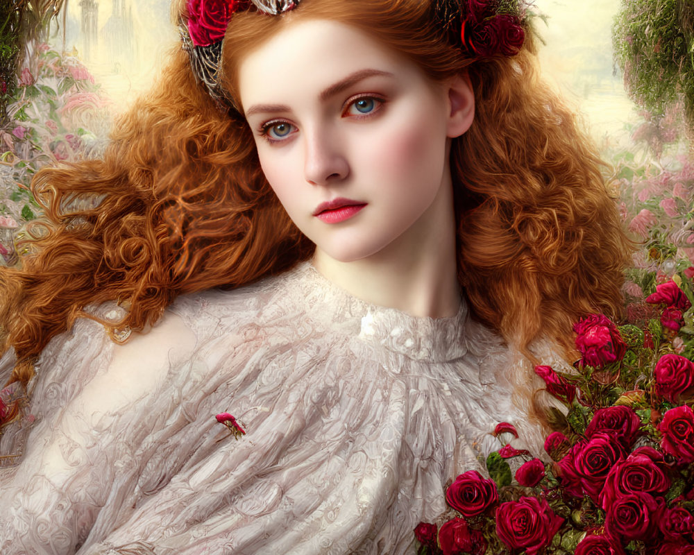 Portrait of woman with red hair, floral crown, white gown, surrounded by roses