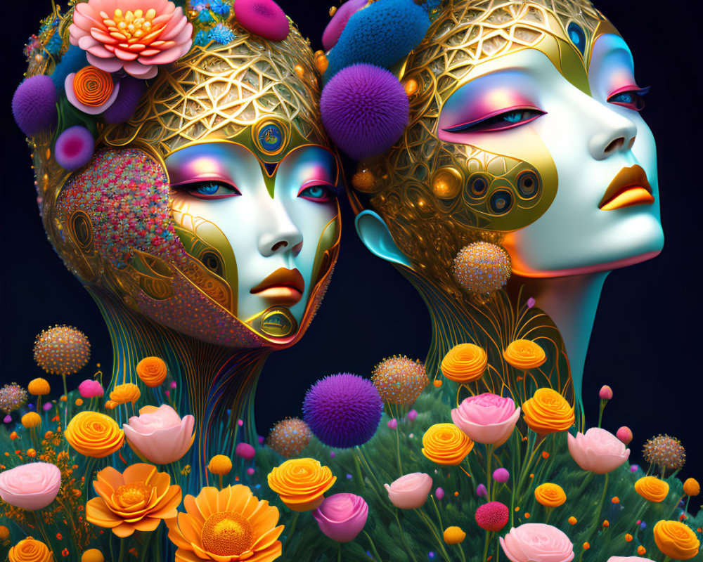 Surreal female figures with ornate headpieces and painted faces in vibrant floral scene