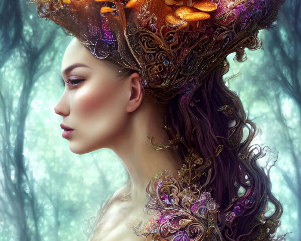 Woman with Ornate Mushroom Headpiece and Autumnal Shoulder Decorations