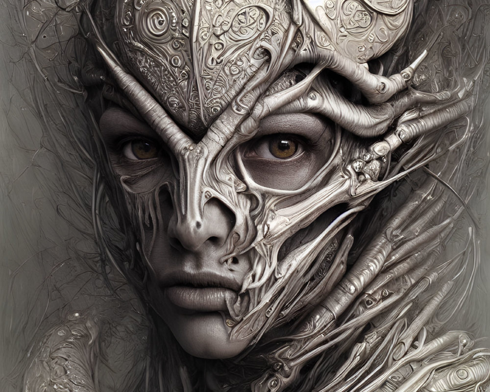 Detailed Silver Alien-Like Mask with Ornate Patterns