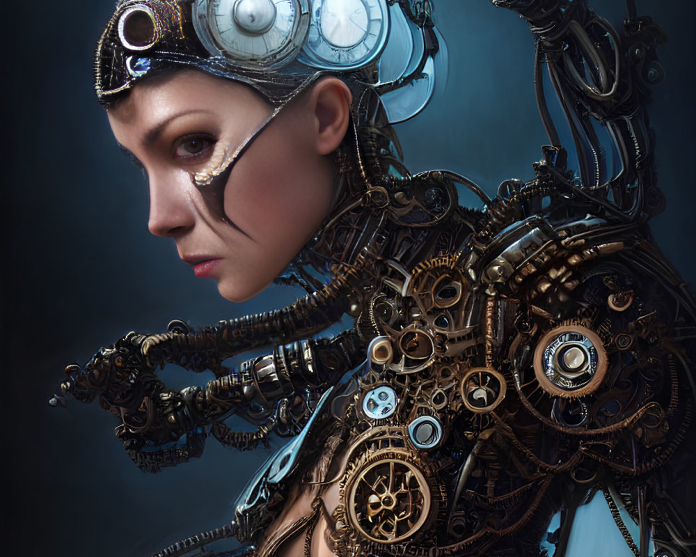 Intricate steampunk-style portrait with mechanical attire and multiple ocular devices