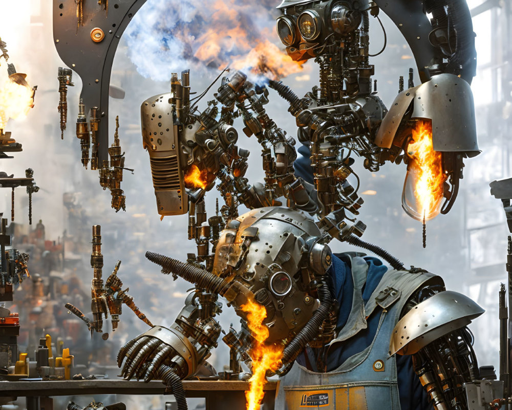 Robotic Figure in Sci-Fi Factory Amidst Flames and Machinery