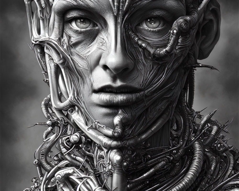 Detailed Greyscale Portrait of Human-Mechanical Fusion