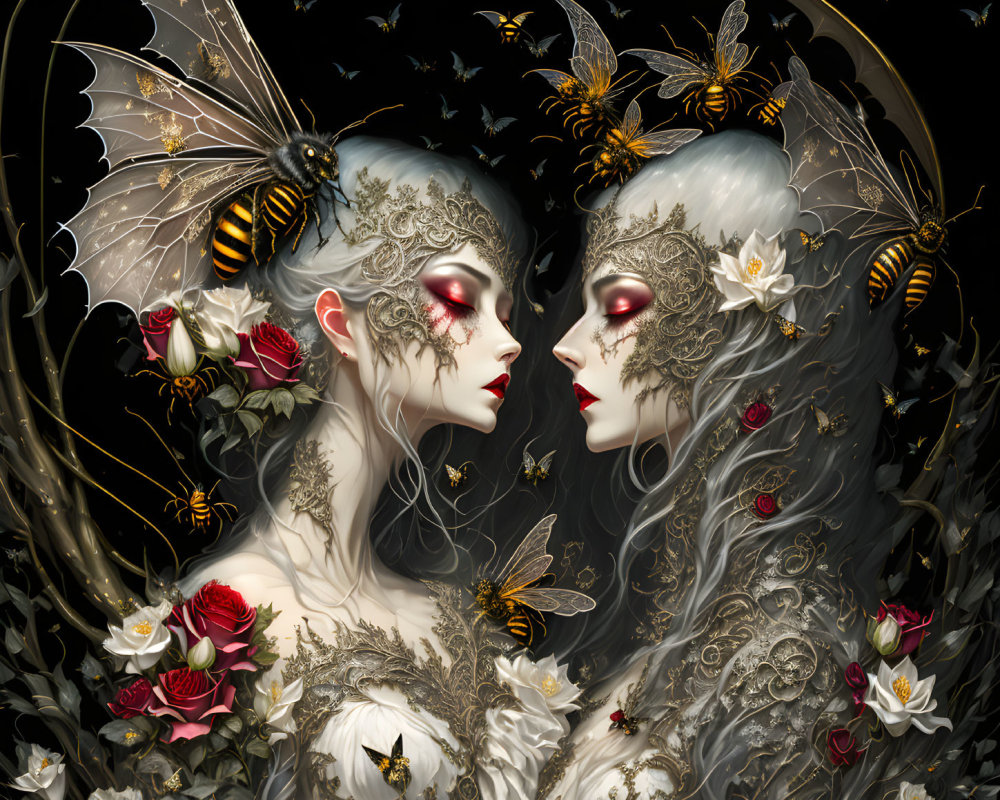Fantastical figures with bee-themed masks in dark setting