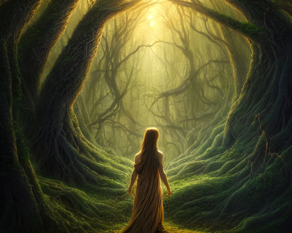 Woman in flowing gown in mystical forest with sunbeams.