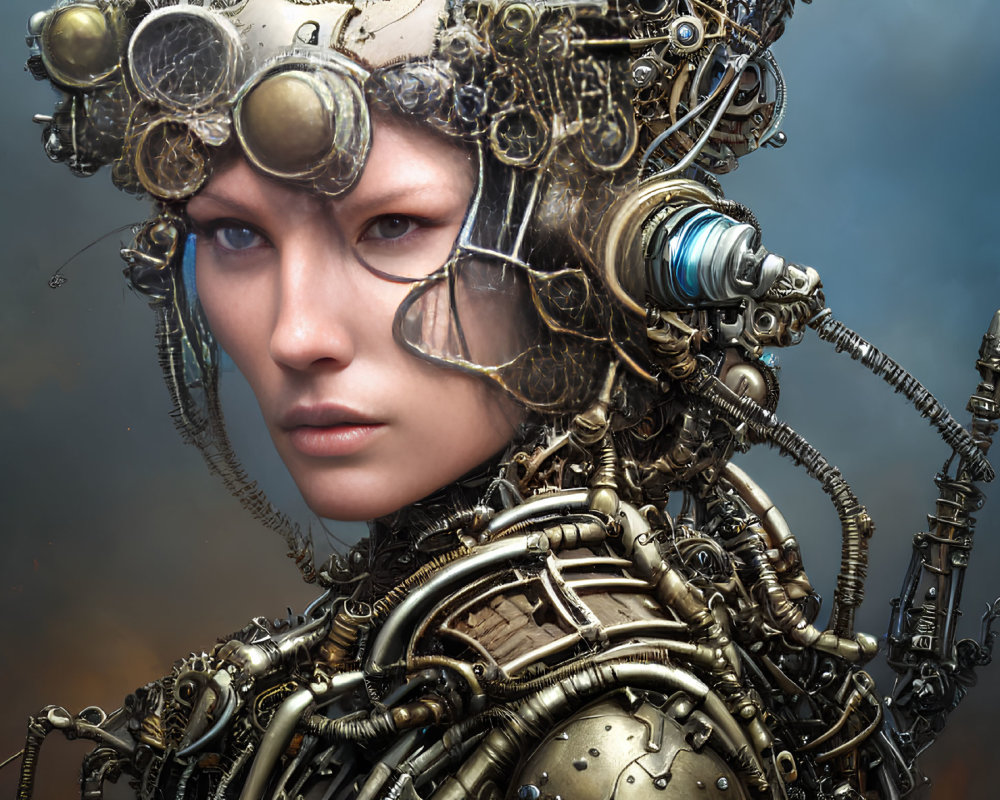 Steampunk cybernetic enhancements with intricate gears and mechanical parts