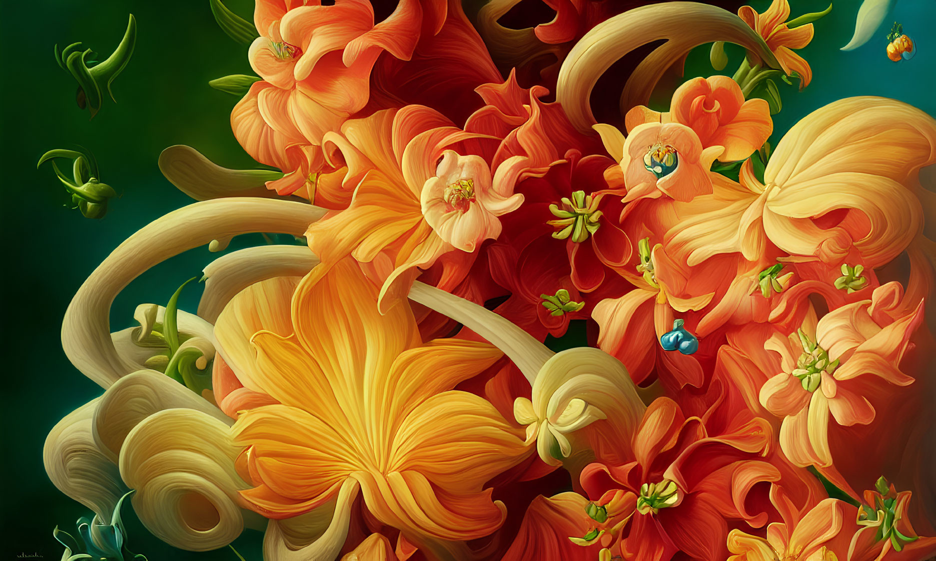 Colorful digital artwork: Orange flowers on green background
