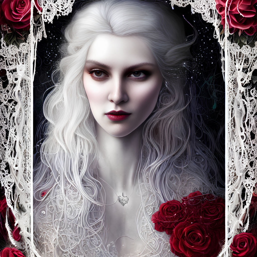 Pale woman with white hair and red lips surrounded by dark roses and lace.
