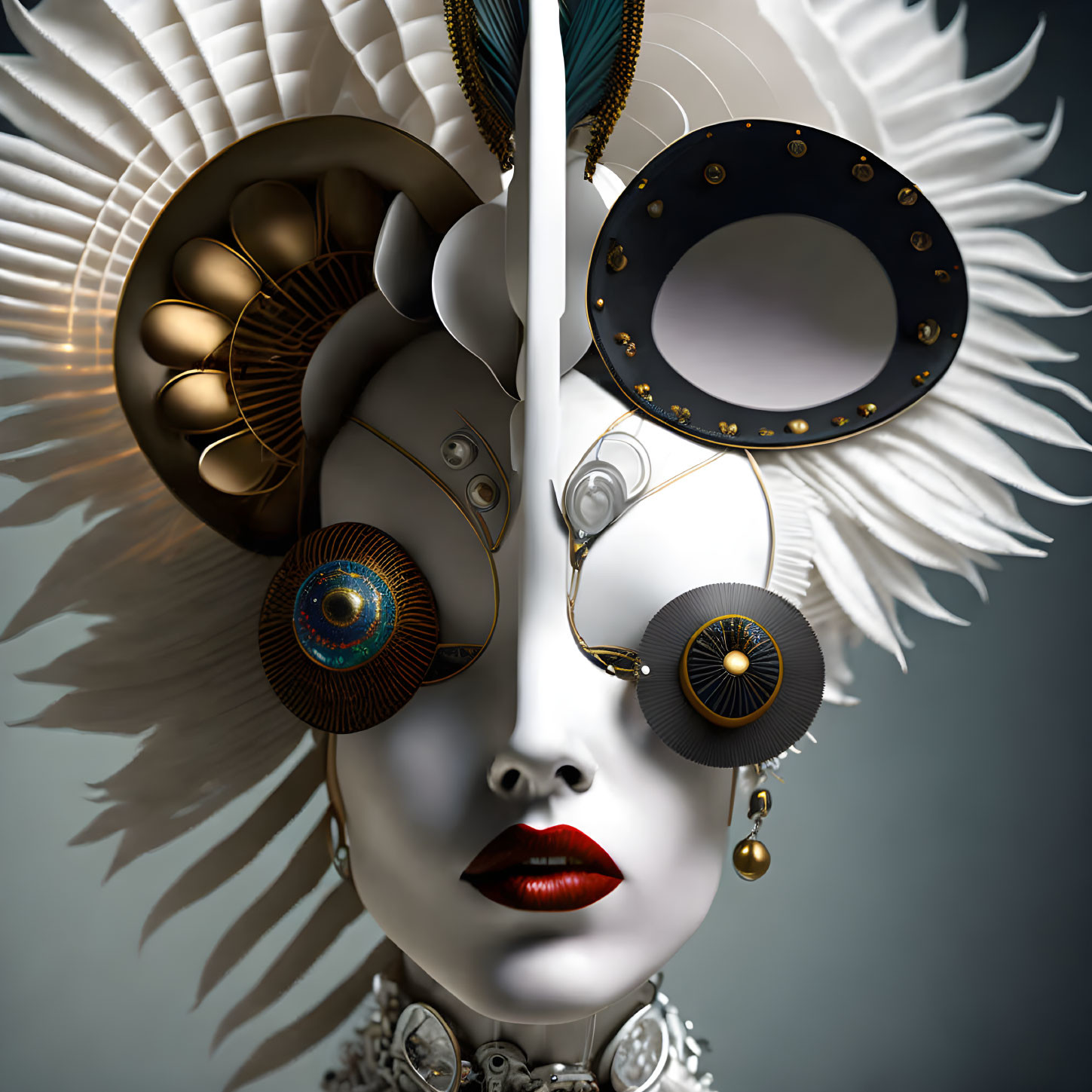 Face with mechanical and feathered details and red lip, peacock eye, and monocle-like attachment