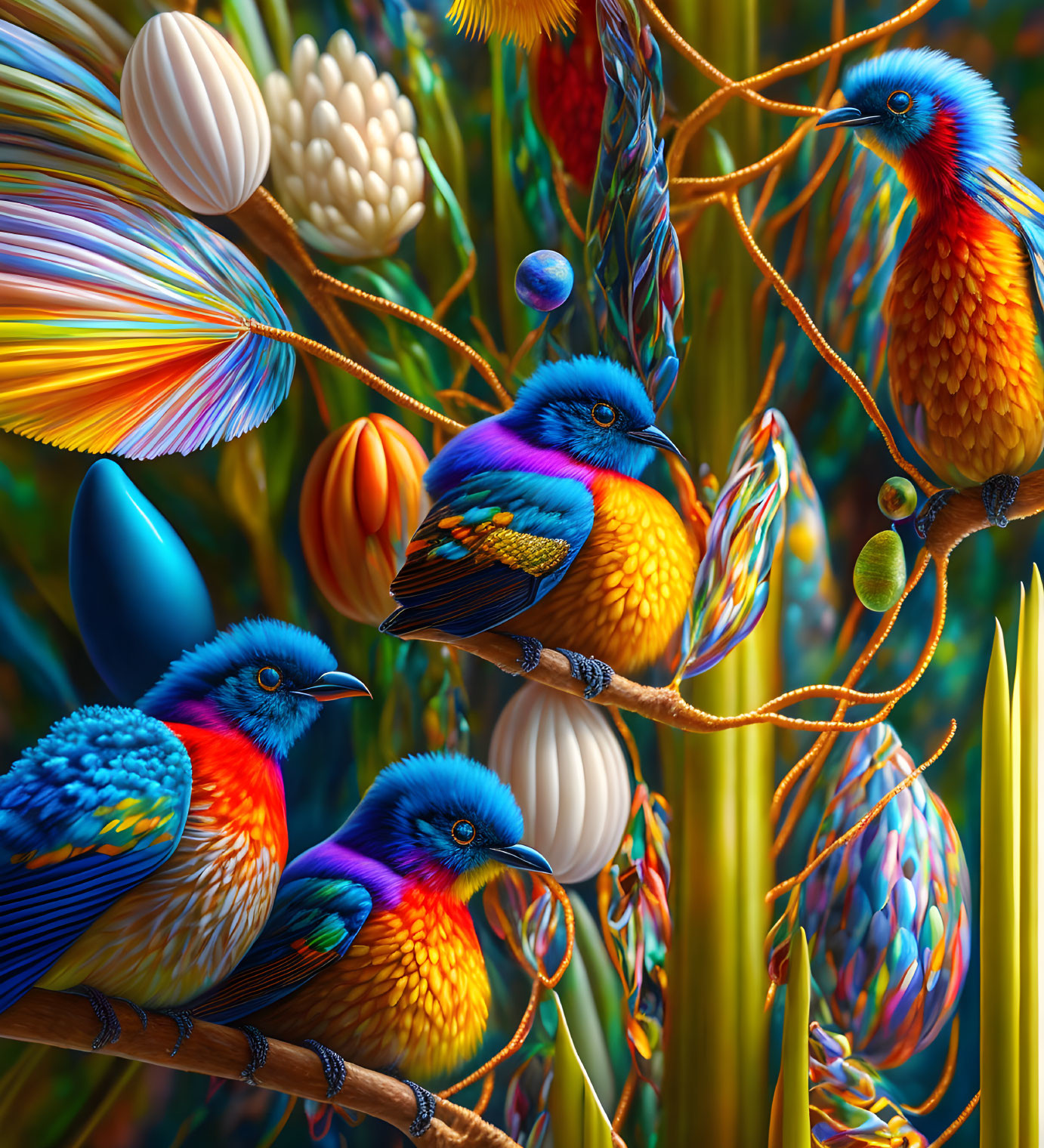 Colorful Birds Perched on Branches in Lush Flora and Vines