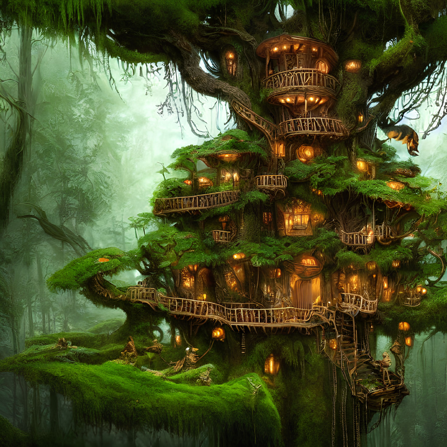 Enchanting multi-tiered treehouse in ancient moss-covered tree