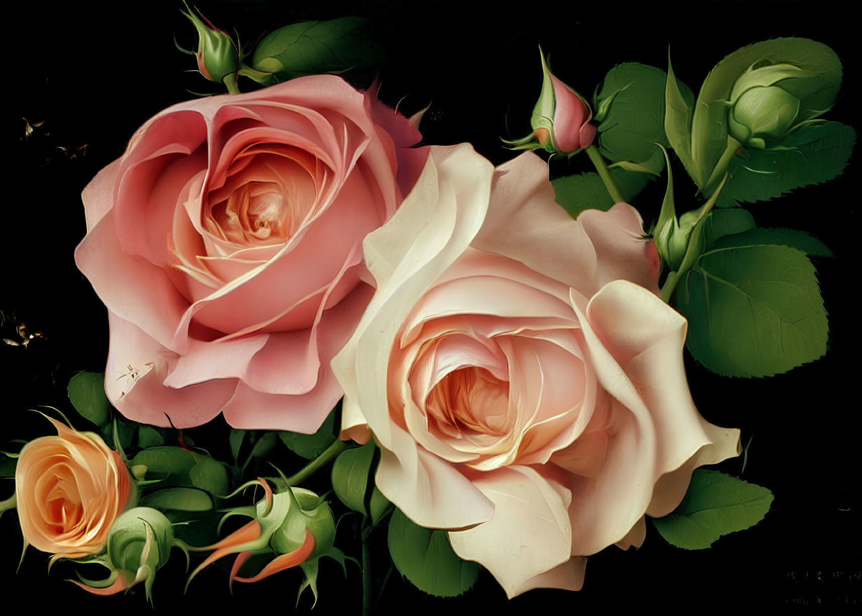 Detailed painting of roses in various stages of bloom with green leaves