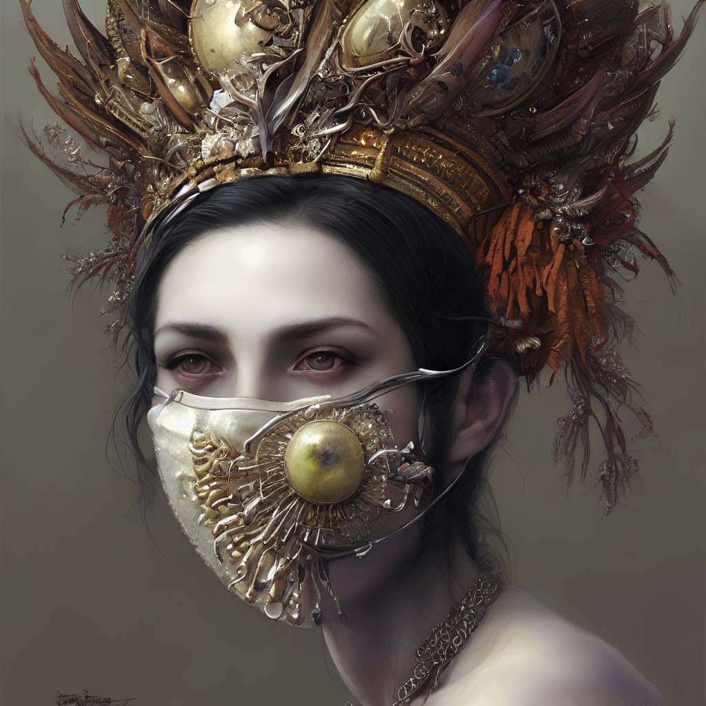 Ornate headpiece and gold mask with yellow eye detail