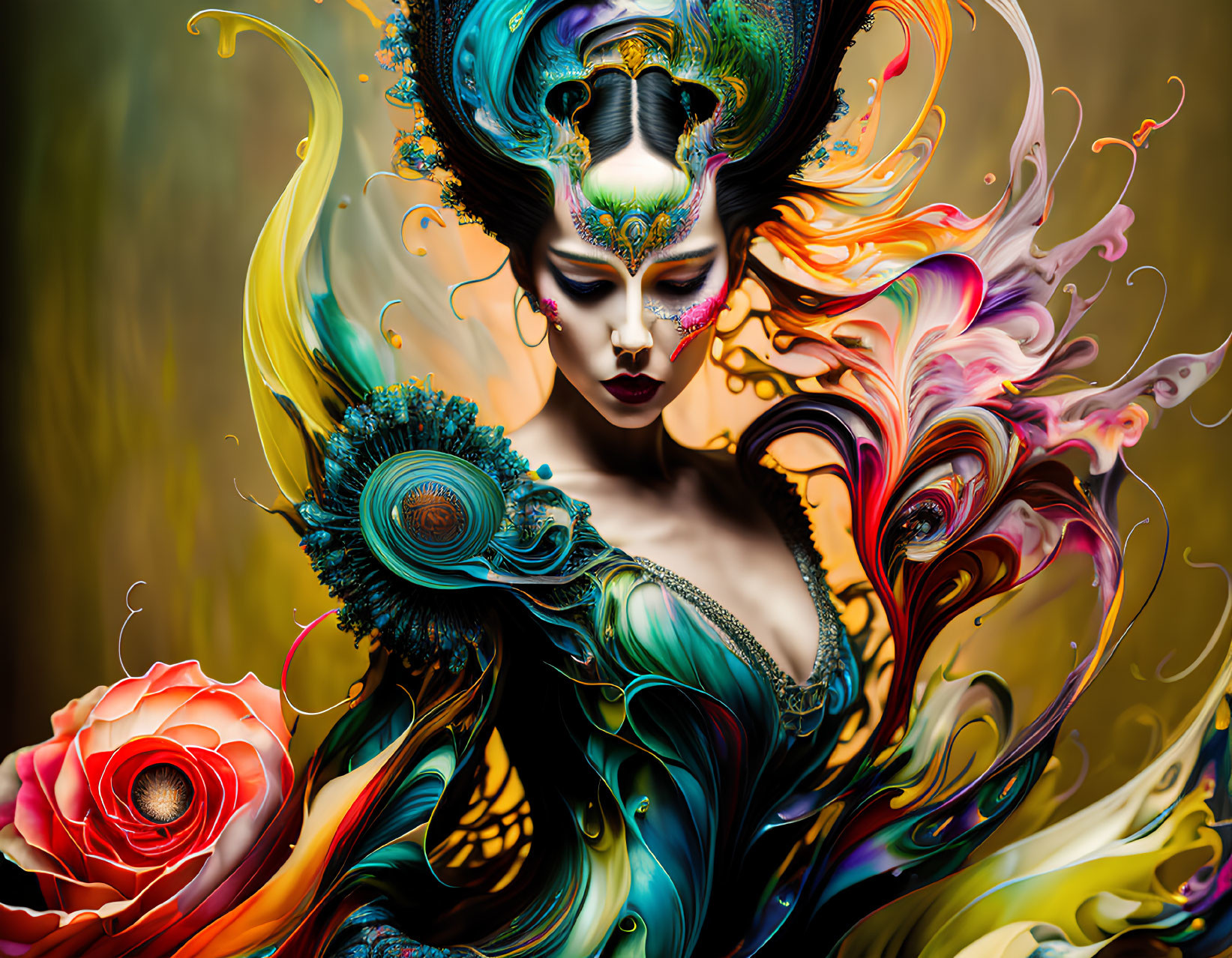 Colorful digital artwork of woman with swirling designs and peacock feathers.
