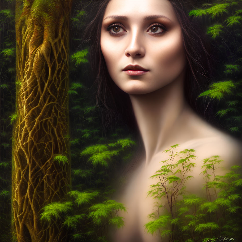 Woman's portrait merged with lush forest scene, intense gaze in vibrant green foliage.