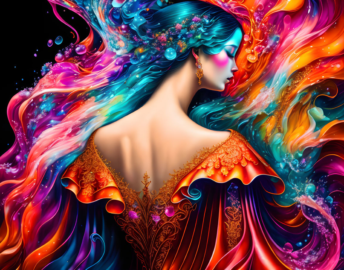 Colorful digital artwork of woman with multicolored hair and orange dress against abstract background