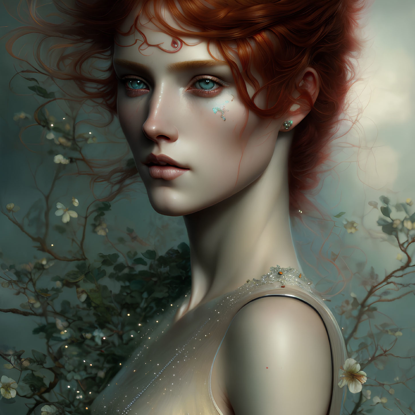 Striking Red Hair Woman Portrait with Flowers and Sparkles