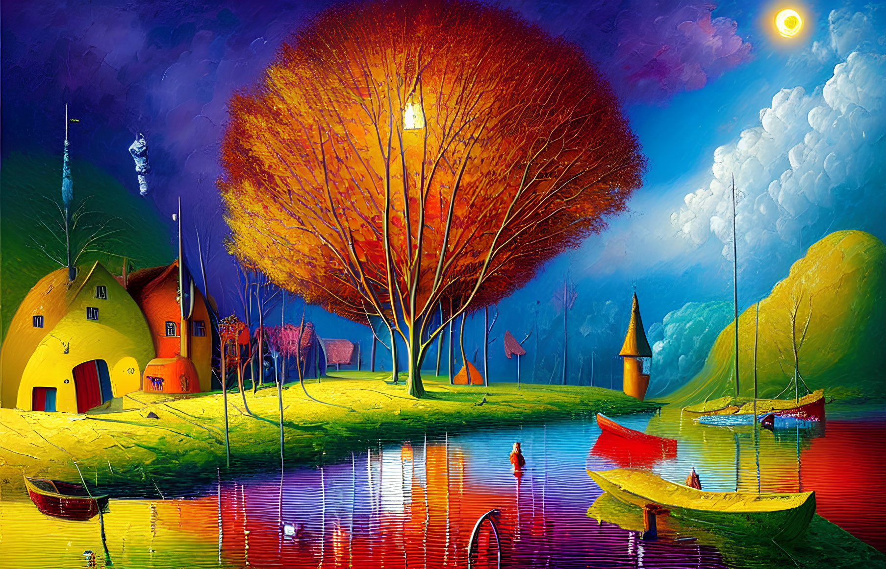 Colorful village painting with autumn trees, yellow moon, and starry sky.