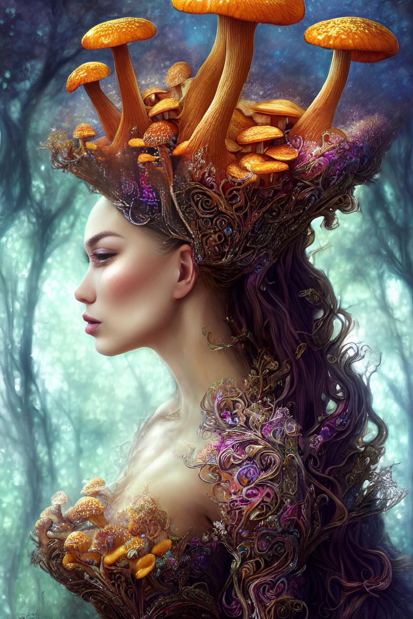 Woman with Ornate Mushroom Headpiece and Autumnal Shoulder Decorations
