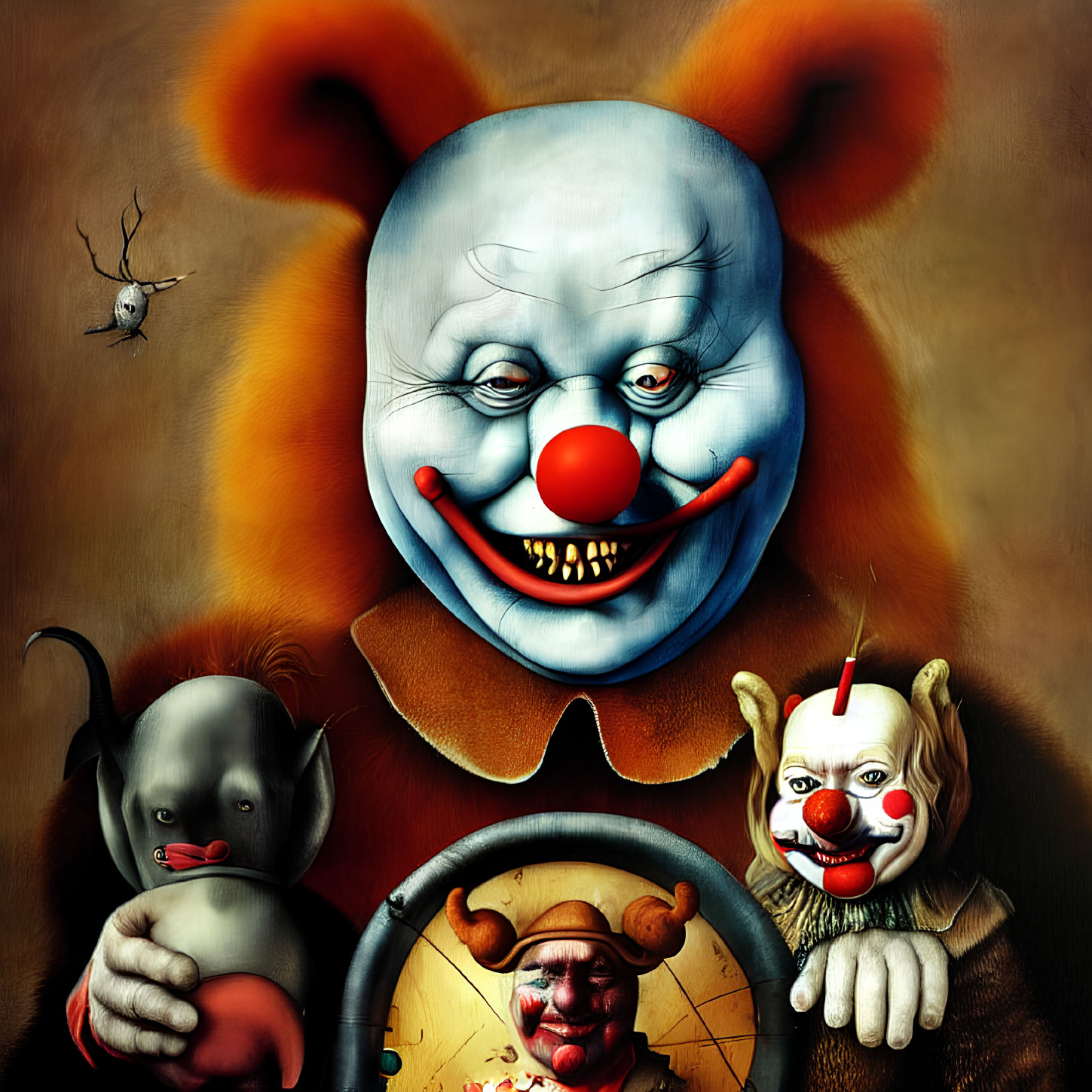 Surreal clown illustration with exaggerated features and eerie companions