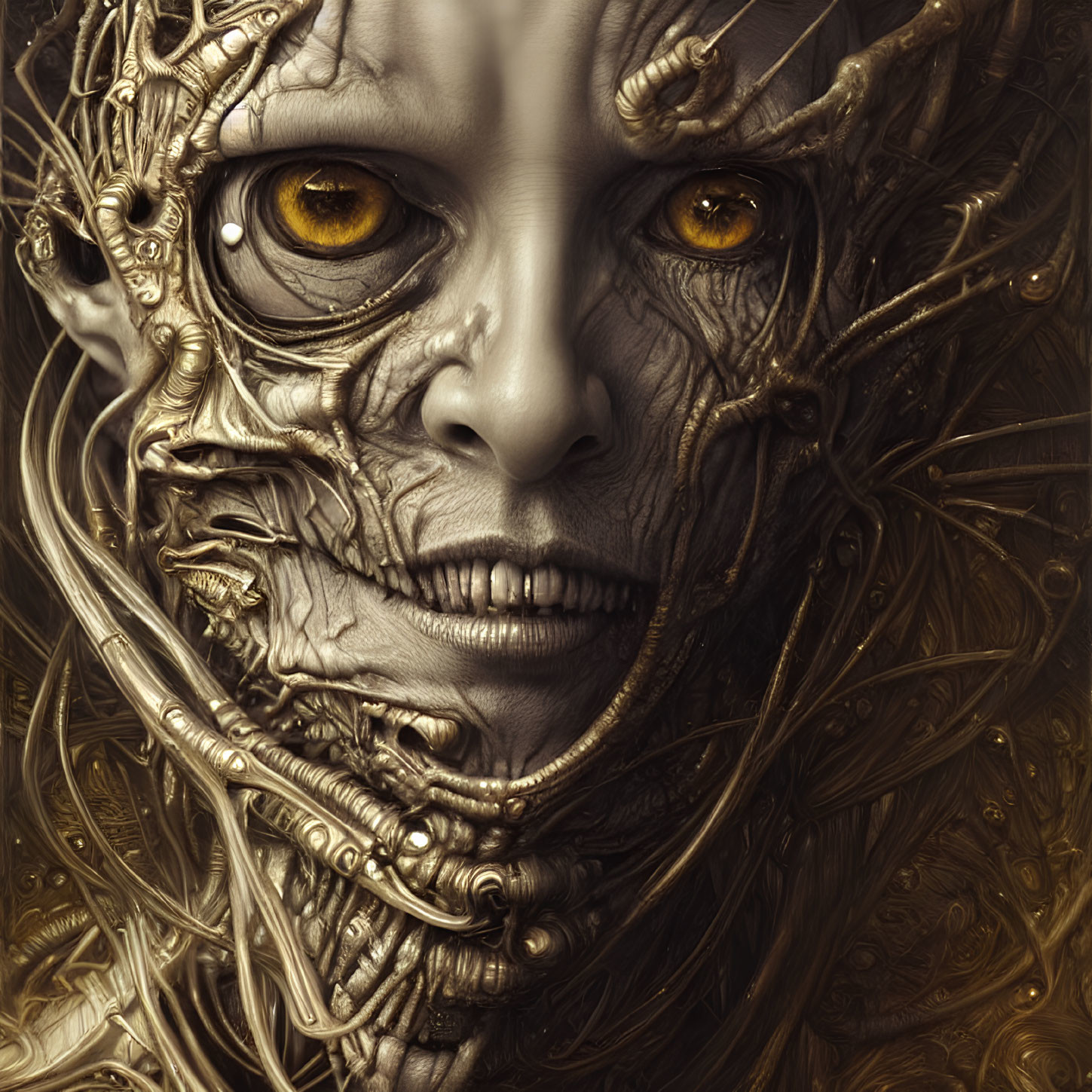 Detailed Illustration: Fantastical Being with Golden Eyes & Intertwined Mechanical & Organic Features