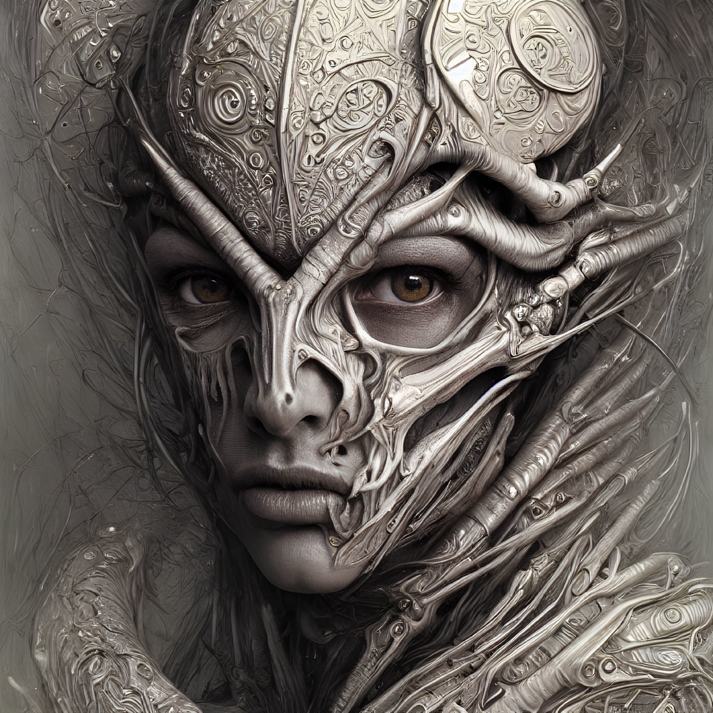 Detailed Silver Alien-Like Mask with Ornate Patterns