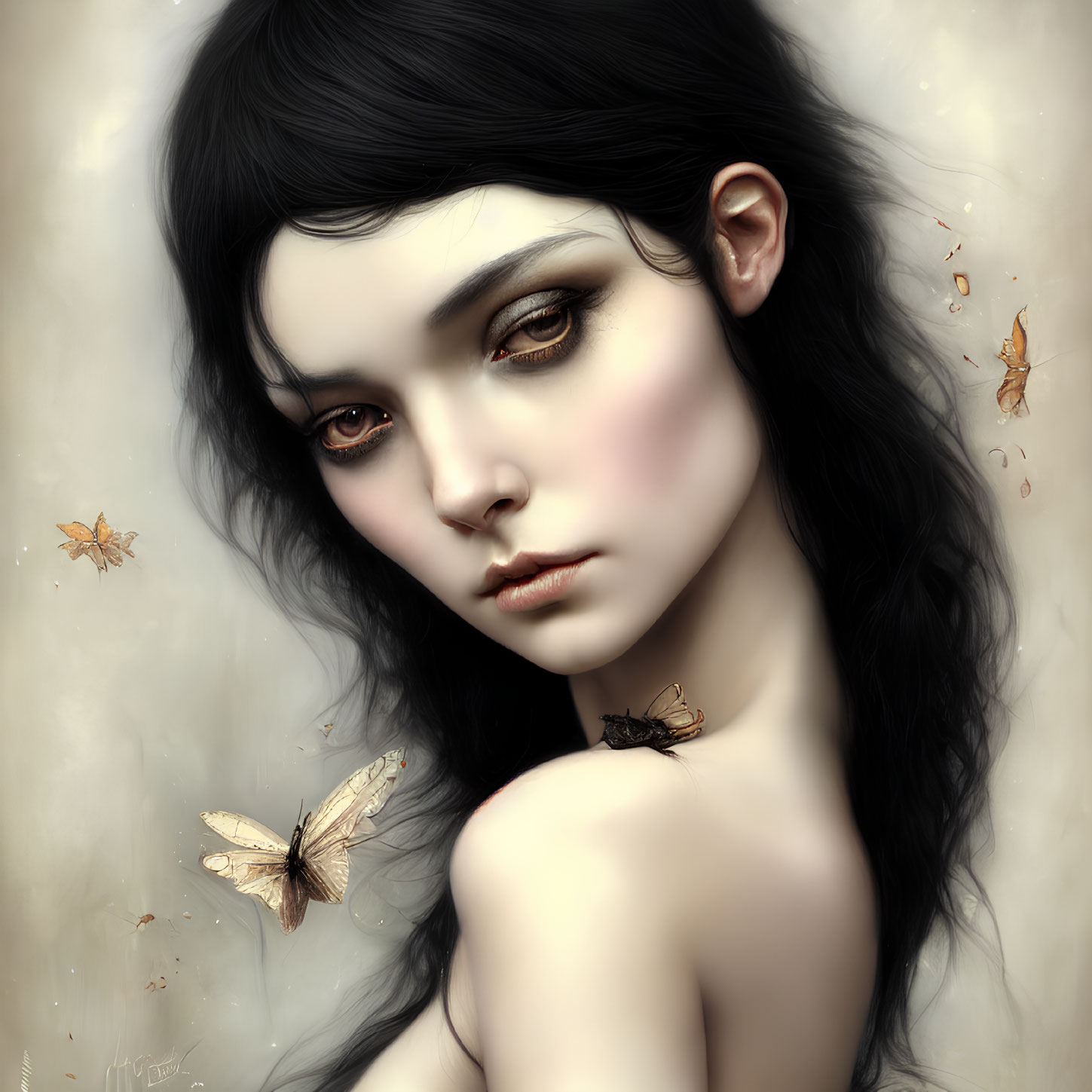 Pale-skinned woman with dark hair and striking eyes surrounded by butterflies on beige background