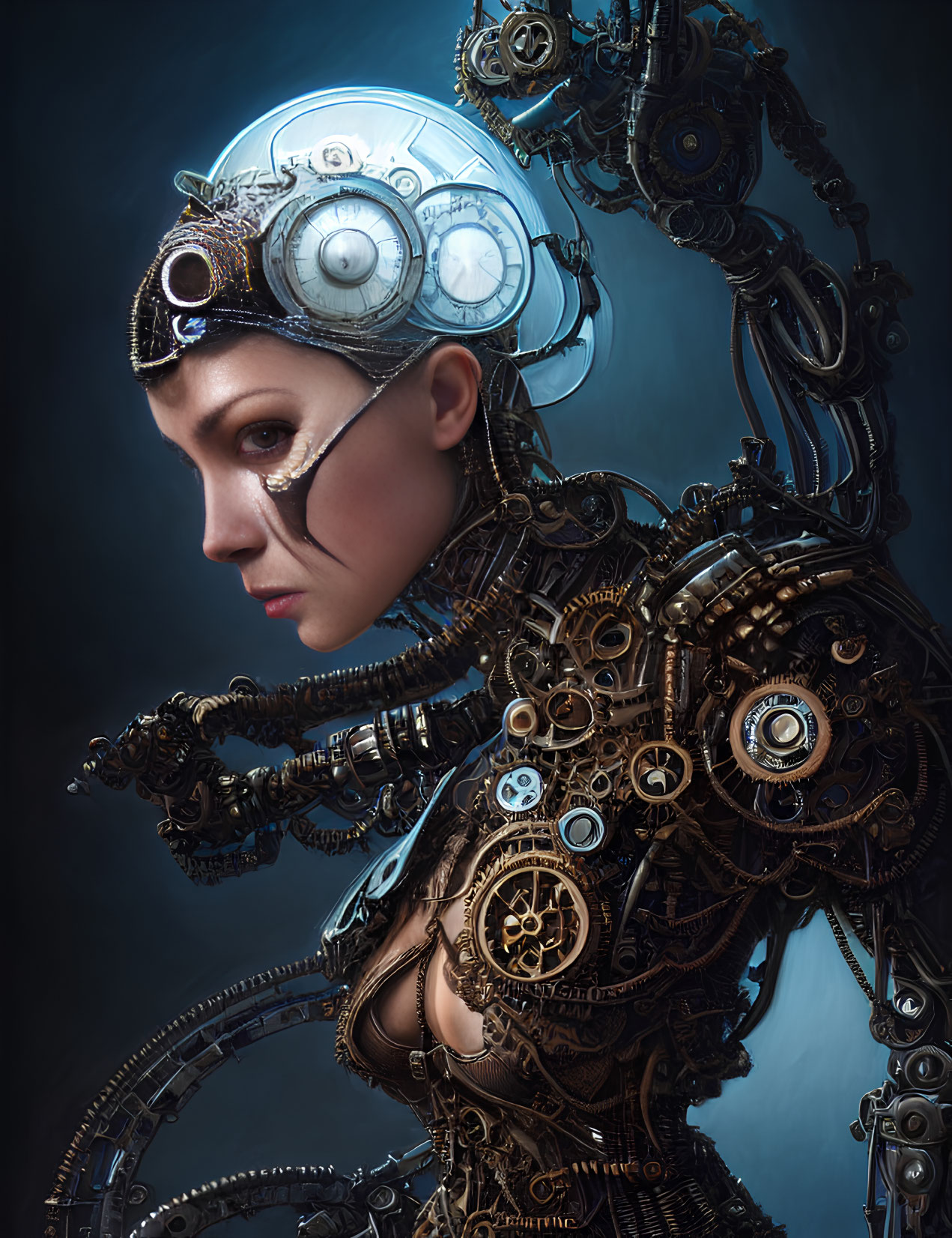 Intricate steampunk-style portrait with mechanical attire and multiple ocular devices