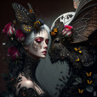 Surreal portrait of woman in dark attire with roses and butterflies merging with mystical mirrored creature