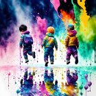 Levitating children in colorful jackets over vibrant paint splashes