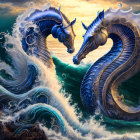 Majestic sea dragons in turbulent ocean under sunset sky