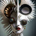 Face with mechanical and feathered details and red lip, peacock eye, and monocle-like attachment