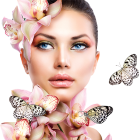 Woman with Flowers and Butterflies in Pink Tones