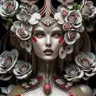 Stylized portrait of person with pale skin, red and white makeup, surrounded by roses and butterflies